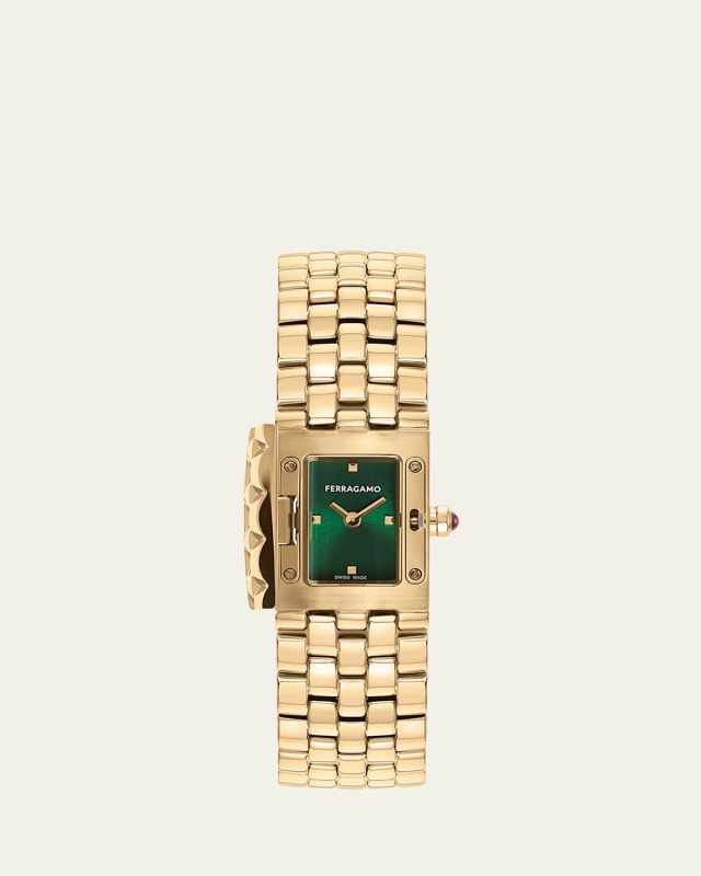 18.5x30mm Ferragamo Secret Watch with Green Dial, Yellow Gold